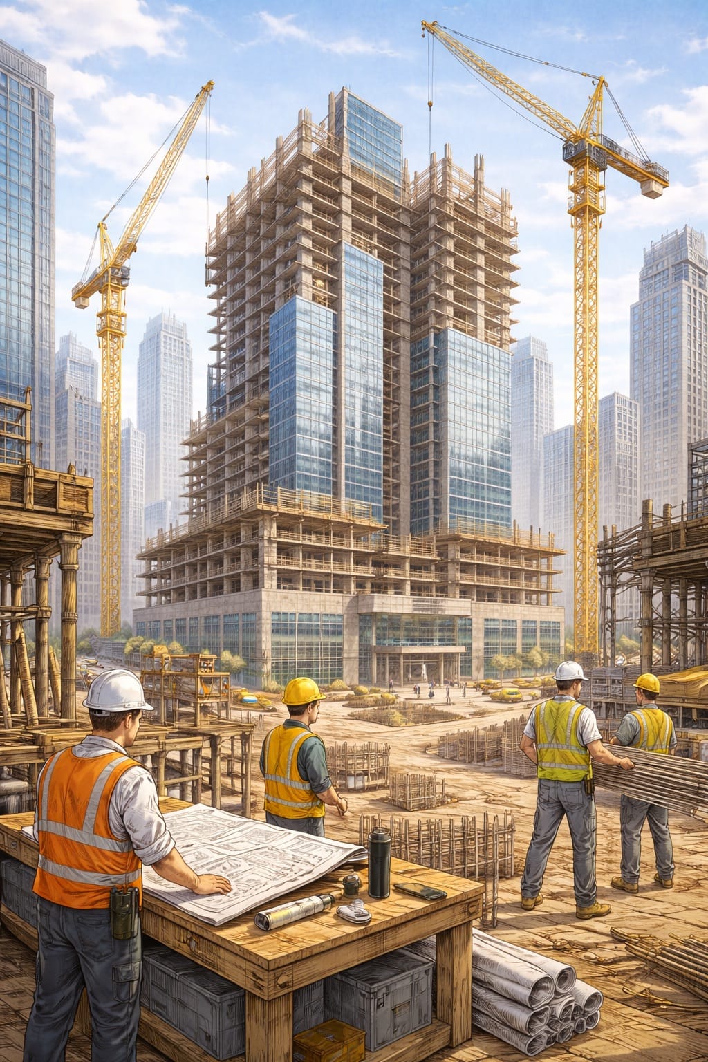 Building management team reviewing plans for a high-rise construction project