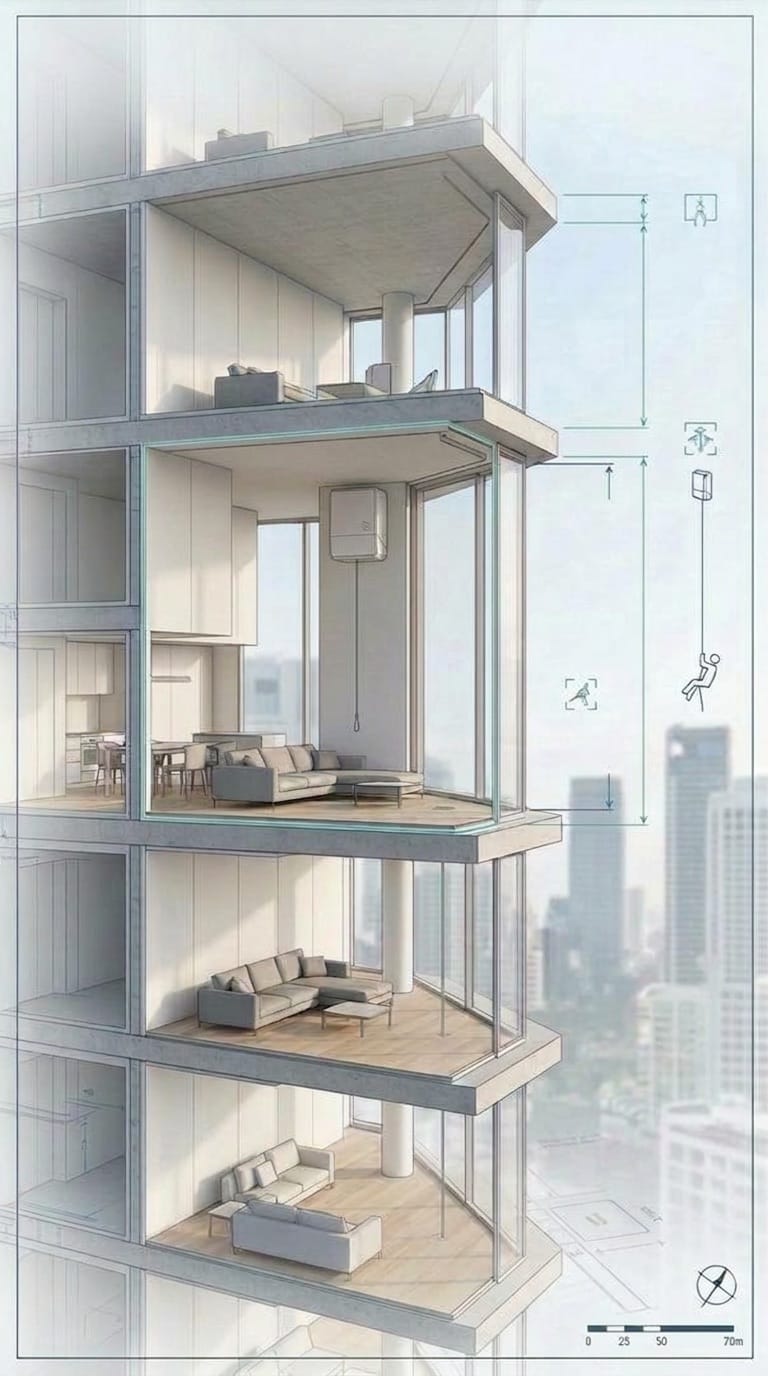 High-rise apartment interior with TITUM installed beside a large city-facing window