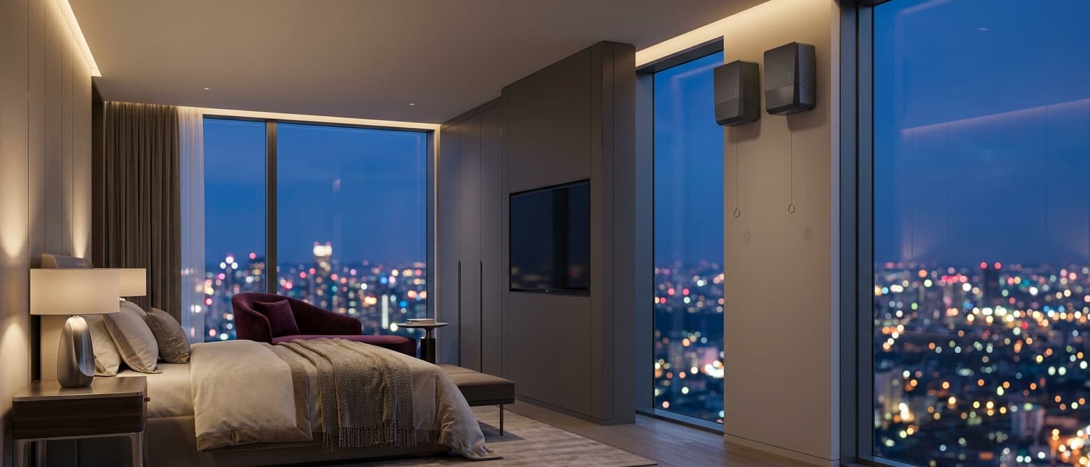 Luxury hotel room with panoramic nighttime city view and TITUM mounted discreetly near the window