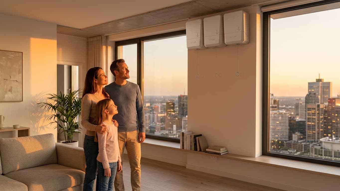 Family in a high-rise apartment with large windows and TITUM installed near the window